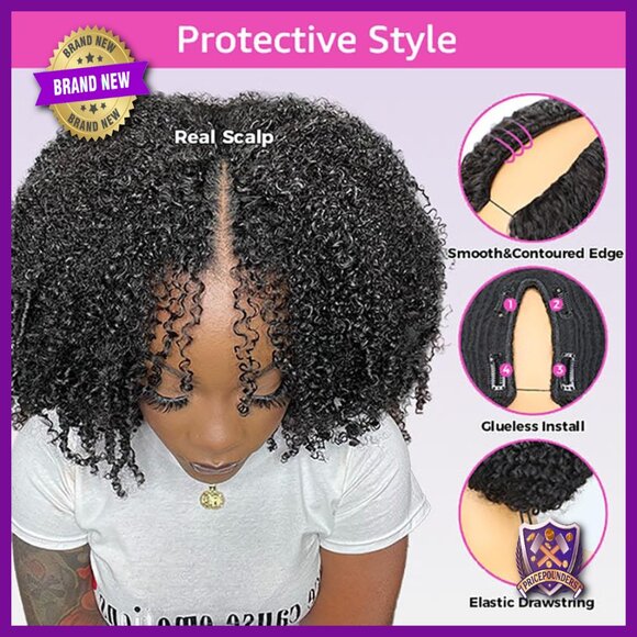 Human Hair V Part Wig Kinky Curly 16 Inch Glueless Beginner Friendly main image 4